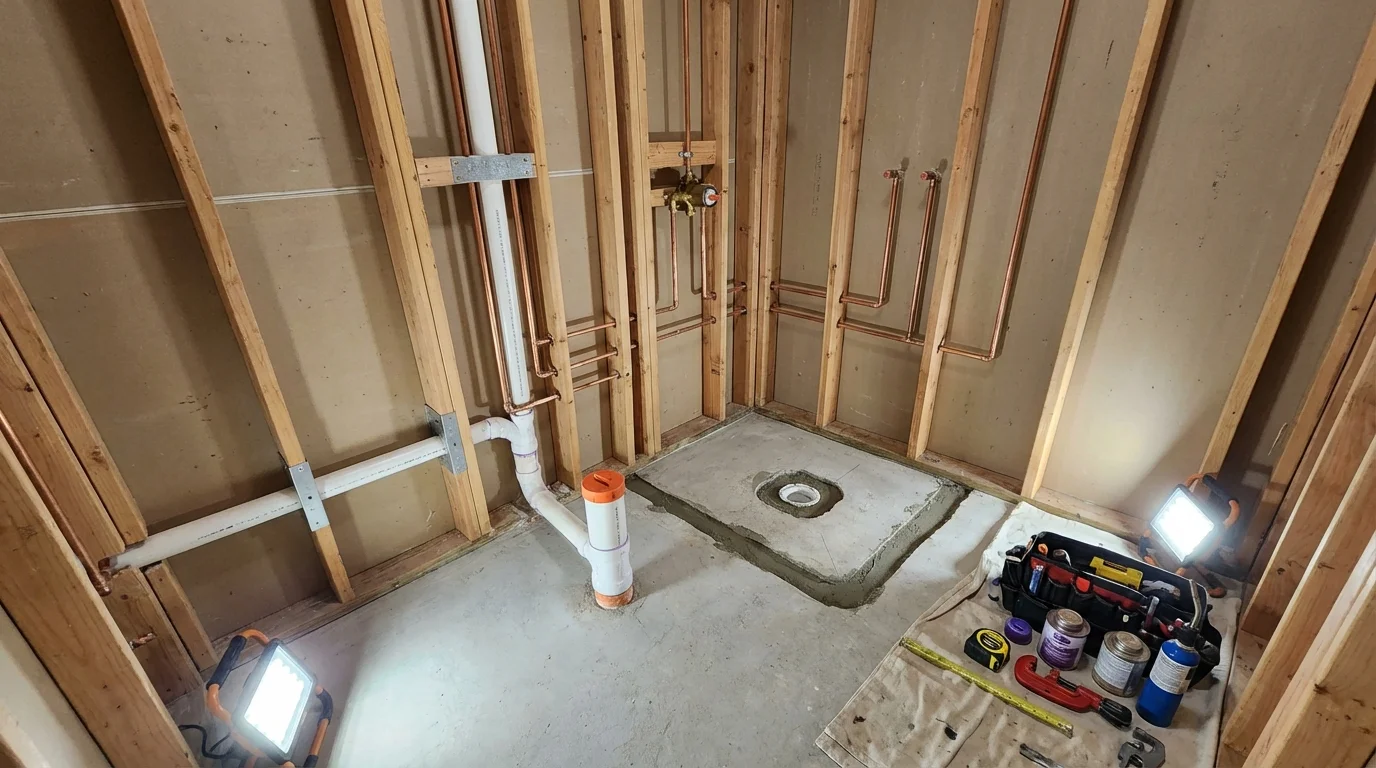 Bathroom rough-in plumbing during remodel by Johns Plumbing LLC in Sturgeon Bay