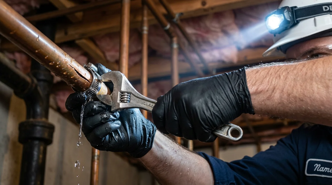 Emergency pipe clamp repair being performed by a Johns Plumbing LLC plumber in Sturgeon Bay