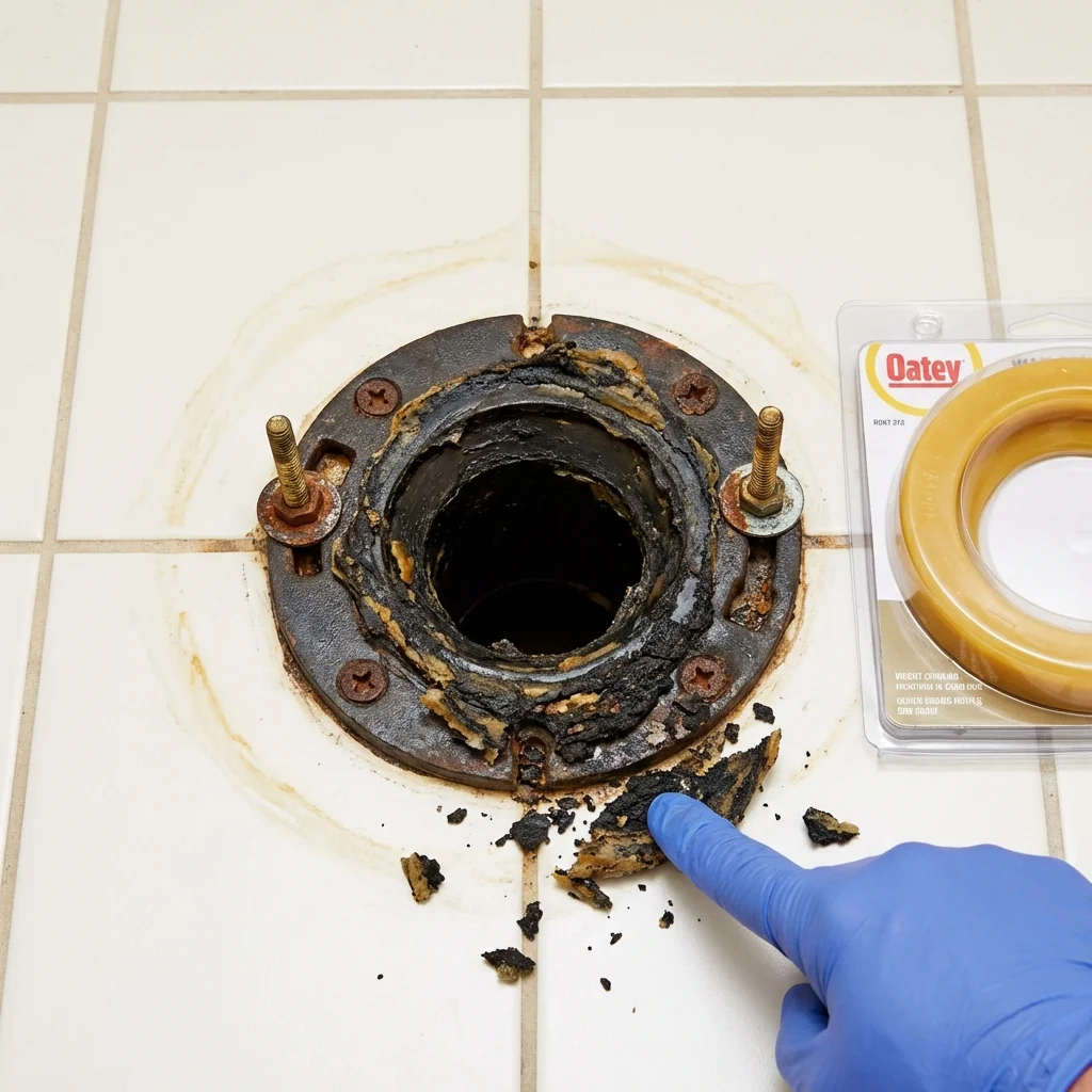 Failed wax ring showing water seepage at the base of a toilet in a Sturgeon Bay, WI home