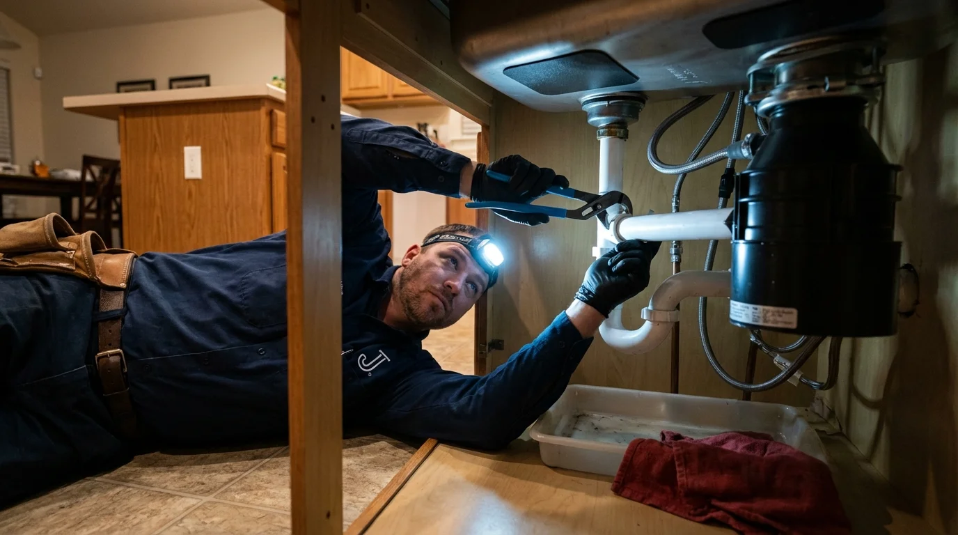 P-trap and supply line connections under a kitchen sink showing a common leak point in Sturgeon Bay, WI